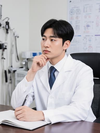 의사 가운과 넥타이를 입고, 회의 테이블에 앉아 메모를 바라보며 진지하게 생각하는 20대 동양인 남성이 현대적인 검사실에 있는 모습.
