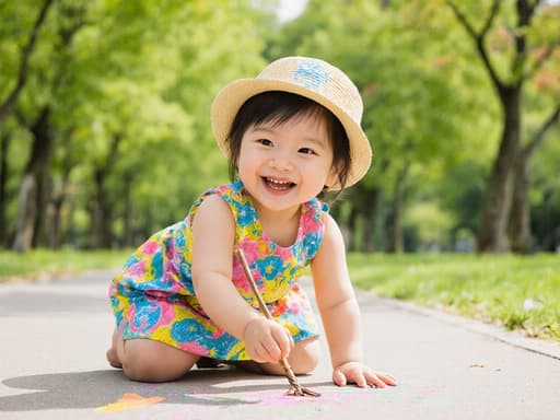 사랑스러운 외모의 1세 동양인 여성 아기가 밝은 색상의 원피스와 귀여운 모자를 쓰고, 푸른 잔디와 나무들로 둘러싸인 아름다운 공원에서 나뭇가지로 바닥에 그림을 그리며 기뻐하는 모습의 반신 촬영.