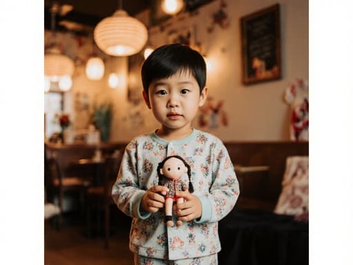 아늑한 카페에서 편안한 파자마를 입고 서 있는 귀여운 3세 아시아계 남자아이의 반신 사진. 작은 인형을 들고 호기심 어린 표정을 짓고 있으며, 따뜻한 조명과 아기자기한 인테리어로 둘러싸여 있어 놀랍고 초대하는 분위기를 연출합니다.