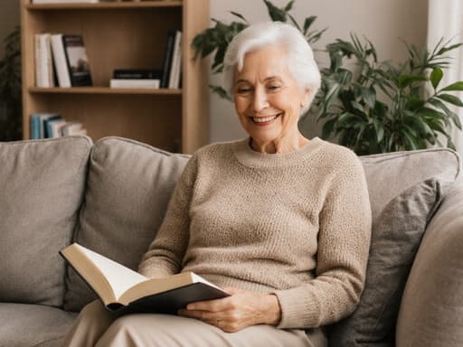 50대 한국인 여성이 편안한 니트와 여유로운 바지를 입고 아늑한 거실의 소파에 앉아 책을 읽으며 행복한 미소를 지으며 여유로운 자세를 취하고 있는 반신 사진. 책장과 식물들이 있는 따뜻한 거실에서 편안하고 즐거운 분위기를 자아내고 있다.