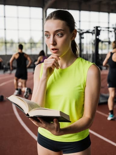 이 이미지는 스포츠웨어를 입고 책을 읽다가 놀라운 표정을 짓고 있는 유럽계 10대 소녀를 보여줍니다. 그녀는 운동 트랙 위에 있으며, 주변에는 다른 사람들이 운동하고 운동기구가 있어 활기차고 에너지 넘치는 피트니스 라이프스타일을 잘 나타내고 있습니다.