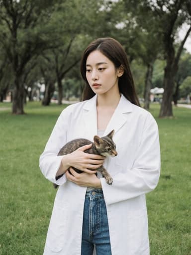10대 후반의 한국인 여성 모델이 의사 가운과 청바지를 입고 작은 동물을 안고 있으며, 공원 배경에서 부드럽게 동물을 쓰다듬고 있는 모습으로, 동물 돌봄에 대한 관심과 전문성을 전달하는 따뜻한 분위기를 자아냅니다.