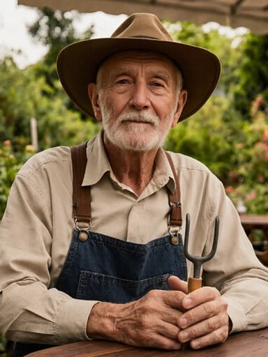 70대의 유럽계 남성이 자연스러운 외모로 편안한 농사복과 모자를 착용하고 있는 반신 샷입니다. 그는 푸르른 정원에서 야외 카페 테이블에 평온하게 서 있으며, 작은 정원 도구를 들고 정원을 가꾸기 위해 기다리고 있습니다. 그의 표정은 지혜롭고 평온한 마음을 표현하고 있습니다. 푸르른 정원의 생기 넘치는 배경이 전체적인 분위기를 한층 높이고 있습니다.