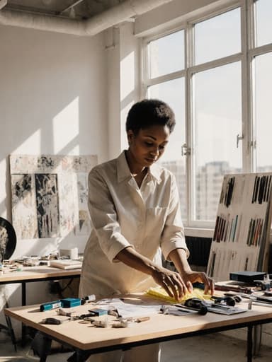 40대 흑인 여성이 편안한 작업복을 착용하고 자연스러운 외모를 지닌 반신 사진입니다. 그녀는 현대적인 디자인 스튜디오에서 디자인 도구를 정리하며 청소하는 자세를 취하고 있으며, 다양한 디자인 샘플이 배치되어 있습니다. 무관심한 표정은 작업에 집중하는 모습을 드러내며, 창의적인 작업 공간의 매력을 강조합니다.