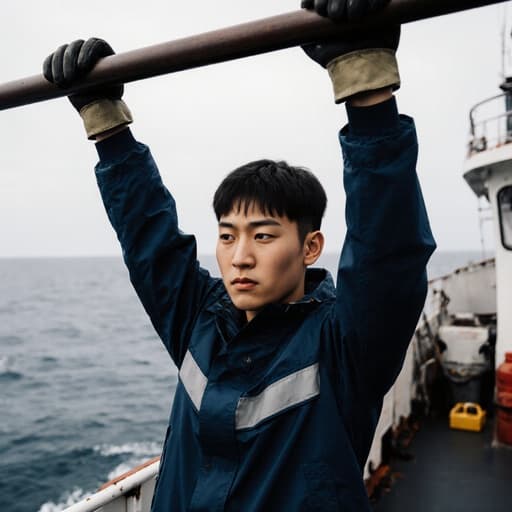 이 이미지는 10대 후반의 동양인 남성이 방수 작업복을 입고 어선의 난간을 잡고 스트레칭하는 모습을 담고 있으며, 배경에는 바다의 수평선이 보이고 해양 생활과 신체 건강에 대한 집중을 전달합니다.
