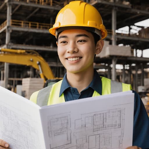 건축 작업복과 안전모를 착용한 혼혈의 초등학생 남성이 건축 도면을 들고 진지한 표정을 지으며, 기계와 자재로 가득한 복잡한 건축 현장에서 촬영된 반신 사진.