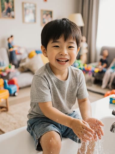 이미지는 즐거운 표정을 짓고 있는 3세 아시아계 남성이 세면대에 앉아 손을 씻고 있는 모습을 보여줍니다. 편안한 티셔츠와 반바지를 입고 있으며, 밝고 아늑한 거실 배경에는 장난감과 가족 사진이 놓여 있어 어린 시절의 놀이와 위생의 본질을 담고 있습니다.