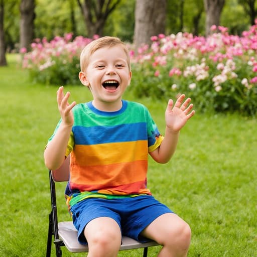 공원 의자에 앉아 있는 7세 백인 남성의 화려한 외형을 담은 반신 촬영. 밝은 옷을 입고 자연 풍경 속에서 즐거운 표정으로 노래를 부르며 손을 흔들고 있다.