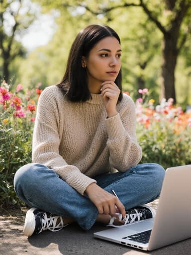 30대 혼혈 여성이 잔디에 다리를 모은 채 앉아 있으며, 편안한 니트 스웨터와 세련된 청바지를 입고 있습니다. 그녀는 펜을 쥐고 깊은 생각에 잠겨 노트북을 바라보고 있으며, 부드러운 햇살 아래 푸르른 나무와 꽃들로 둘러싸인 평화로운 공원에 있습니다.