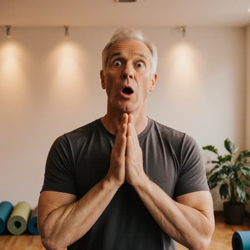 40대 유럽계 남성이 아늑한 요가 스튜디오에 서 있으며, 편안한 요가복을 착용하고 있습니다. 놀란 표정과 가슴 앞에서 손을 모은 편안한 자세가 부드러운 조명과 요가 매트, 식물들이 있는 분위기를 더해 주며 초대하는 느낌을 줍니다.