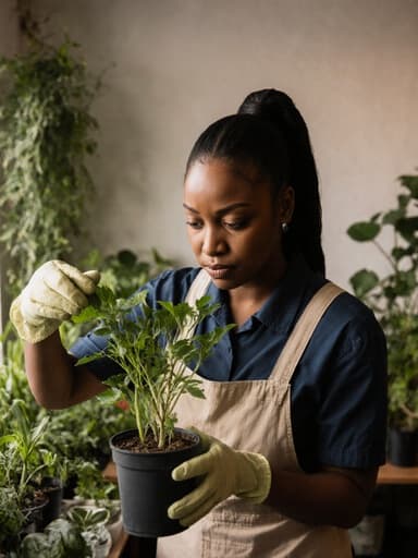 30대 흑인 여성이 간편한 작업복과 장갑을 착용하고, 아늑한 카페의 식물 관리 공간에서 화분을 살펴보는 반신 사진입니다. 그녀는 한 손으로 화분을 들어올리며 다른 손으로는 잎을 만지보고 있으며, 여러 가지 식물들로 둘러싸여 집중하고 있습니다.