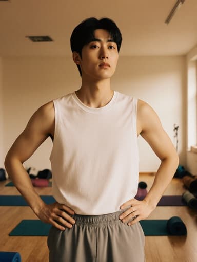 20대 한국인 남성 모델이 편안한 요가복을 입고 밝은 요가 스튜디오에서 반신을 촬영한 모습입니다. 지루한 표정은 장면에 현실감을 더하며, 요가 매트가 가득한 아늑한 배경이 마음 챙김과 휴식의 전체적인 주제를 강화합니다.