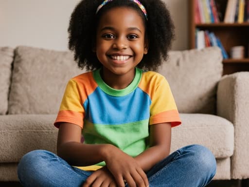 아늑한 거실에서 쪼그리고 앉아 있는 7세 아프리카계 소녀의 화사한 반신 사진. 그녀는 밝은 색상의 티셔츠와 트렌디한 청바지를 입고 세련된 가방을 들고 있으며, 기쁨과 장난기가 넘치는 모습을 보여줍니다.
