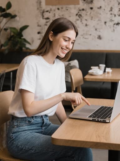 20대의 백인 여성의 반신 샷으로, 화이트 티셔츠와 청바지를 입고 아늑한 모던 카페의 책상에 앉아 밝게 미소 지으며 노트북 화면을 가리키며 디자인 작업을 하고 있는 모습입니다.
