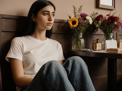 아늑한 카페에 앉아 있는 자연스러운 외모의 중동계 10대 소녀의 반신 사진. 캐주얼한 티셔츠와 청바지를 입고 있으며, 꽃이 진열된 테이블을 바라보며 걱정스러운 표정을 짓고 있는 모습으로, 차분하면서도 사색적인 분위기를 자아냅니다.