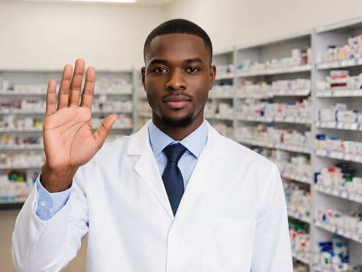 흰색 약사 복장을 입은 젊은 아프리카계 남성이 약국 내부에서 친근하게 고객에게 손을 흔들며 인사하고 있는 모습. 약품으로 가득 찬 선반들로 둘러싸인 따뜻하고 전문적인 분위기.