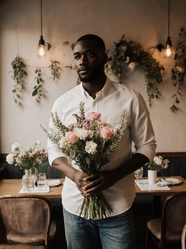 아프리카계 30대 남성이 꽃다발을 들고 약간 고개를 숙인 반신 촬영, 아늑한 카페 내부에 꽃 장식이 있어 사려 깊고 기대감이 느껴지는 분위기를 전합니다.