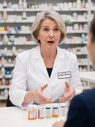 40대 유럽계 여성의 반신 사진으로, 자연스러운 외모를 가진 약사가 흰색 가운과 이름표를 착용하고 있습니다. 고객의 질문에 놀란 듯한 표정을 지으며, 상담 테이블에 앉아 손으로 약을 가리키며 대화하고 있습니다. 배경은 약품 진열대와 전문적인 약국 내부를 포함하여 진정성과 초대하는 분위기를 자아냅니다.