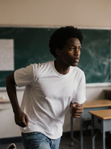 어린 아프리카계 남성이 캐주얼한 티셔츠와 청바지를 입고 긴장한 표정을 지으며 교실에서 주위를 살피고 있는 모습입니다. 그는 친구에게 무언가를 전달하려고 달려가고 있으며, 배경에는 칠판과 교탁이 있는 친숙한 교실 환경이 담겨 있습니다. 긴장감과 젊음의 에너지를 전달하는 이미지입니다.