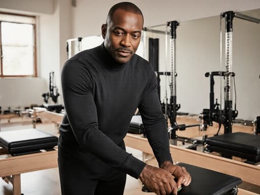 세련된 외모를 가진 40대 혼혈 남성이 편안한 운동복을 착용하고, 필라테스 스튜디오에서 필라테스 용품을 정리하며 청소하는 모습이 담긴 반신 샷입니다. 깔끔하게 정리된 스튜디오 내부에서 운동 기구들이 배치되어 있어 그의 세련된 모습을 더욱 돋보이게 합니다.