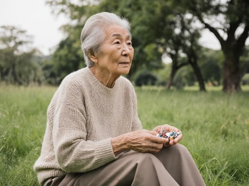 이미지는 70대 한국인 여성이 평화로운 공원의 잔디 위에 앉아 있는 모습을 담고 있습니다. 그녀는 편안한 니트 스웨터와 긴 바지를 입고 있으며, 손에 작은 수집품을 들고 주변을 외로운 표정으로 바라보고 있습니다. 나무와 푸르른 환경이 어우러져 감정적인 깊이를 더해주는 장면을 만들어냅니다.