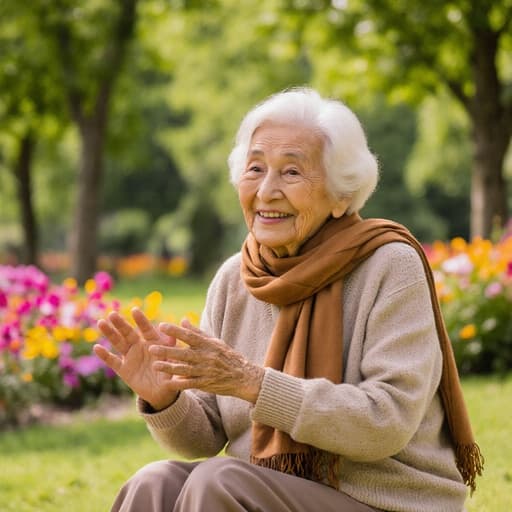 80대 중동계 여성이 편안한 카디건과 바지를 입고 따뜻한 색상의 스카프를 두른 반신 사진입니다. 평온한 미소를 지으며 두 손을 살짝 들어 인사하는 모습이 푸르른 나무와 꽃들이 있는 아름다운 공원 배경 속에서 평화롭고 초대하는 분위기를 전달합니다.