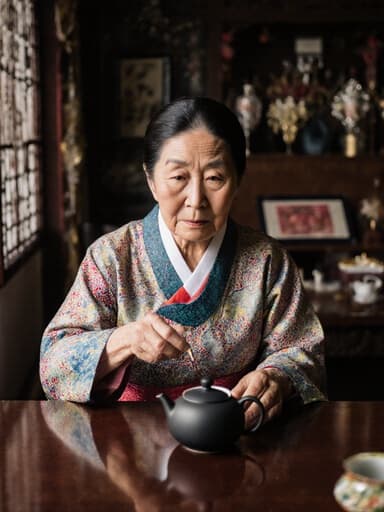 이 이미지는 자연스러운 외모를 가진 70대 백인 여성이 전통 한복을 입고 있는 반신 사진을 담고 있습니다. 그녀는 전통 장식이 있는 아늑한 거실의 테이블에 앉아 차를 따르며 피곤하지만 부드러운 표정을 짓고 있어 따뜻함과 문화적 유산을 나타냅니다.