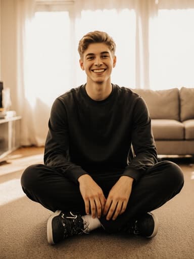 10대 후반의 유럽계 남성이 스타일리시한 거실에 크로스 레그로 앉아 편안한 운동복과 스니커즈를 착용하고 밝게 웃고 있습니다. 자연스러운 자세로 편안함을 나타내며, 현대적인 인테리어의 부드러운 조명이 따뜻하고 초대하는 분위기를 더합니다.