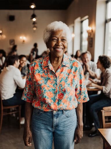 80대의 흑인 여성이 밝은 색의 셔츠와 청바지를 입고, 따뜻하고 아늑한 카페에서 가족을 바라보며 지혜롭게 미소 짓고 있는 전체 신체 샷.