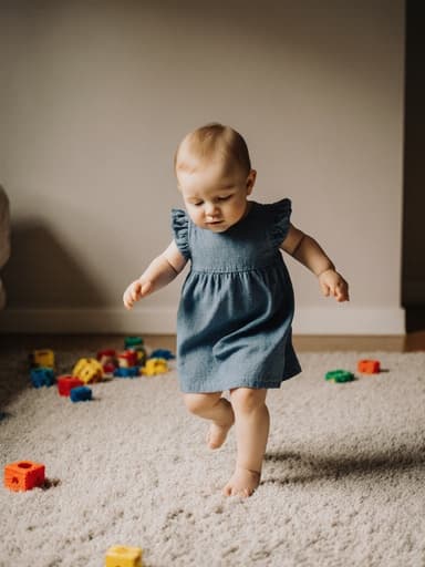 1세의 백인 여성 아기가 편안한 파란색 면 원피스를 입고 졸린 표정을 지으며 장난스럽게 앞으로 달려가고 있는 전체 몸샷. 부드러운 카펫과 흩어져 있는 장난감이 있는 아늑한 거실 배경이 따뜻한 분위기를 더해줍니다.