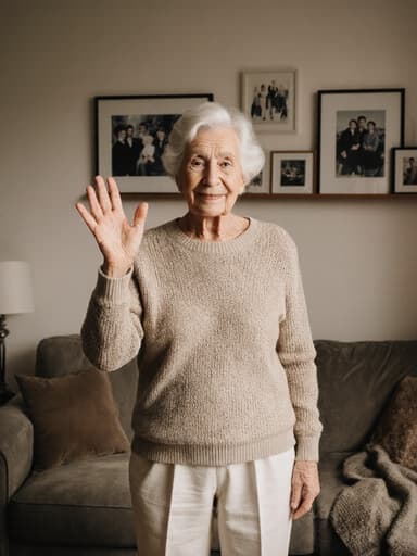 70대 백인 여성의 반신 사진으로, 자연스러운 외모를 가진 지혜롭고 따뜻한 표정을 짓고 있으며, 손을 가볍게 들어 인사하는 자세를 취하고 있습니다. 편안한 니트 스웨터와 면 바지를 착용하고 있으며, 가족 사진이 걸려 있는 아늑한 거실과 편안한 소파가 배경으로 펼쳐져 있어 따뜻하고 초대하는 분위기를 자아냅니다.