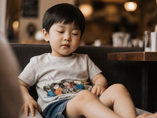 아늑한 카페에서 편안하게 앉아 졸린 표정을 짓고 있는 귀여운 3세 남자 아시아계 아이의 반신 사진입니다. 그는 편안한 티셔츠와 반바지를 입고 있으며, 음악을 감상하며 다리를 뻗고 있습니다. 카페의 따뜻한 조명과 음악의 미세한 존재감이 어우러져 이 장면의 편안한 분위기를 강조하며, 아이의 편안함과 기쁨의 순간이 빛을 발합니다.