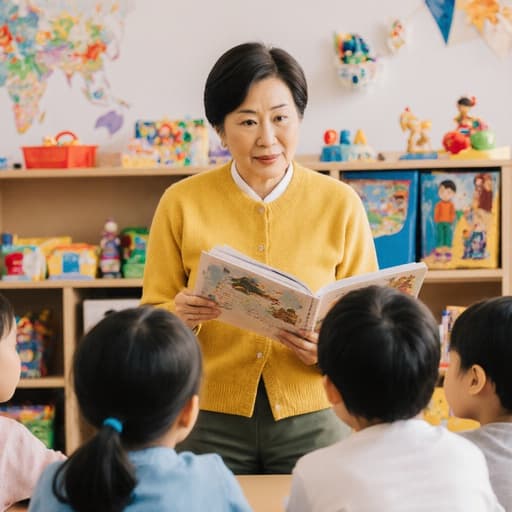 60대 한국인 여성의 반신 사진으로, 밝은 색상의 카디건과 바지를 입고 당황한 표정을 지으며 아이들에게 책을 읽어주는 유치원 놀이 공간의 모습입니다. 장난감과 책들로 가득 찬 아기자기한 배경이 따뜻하고 초대하는 분위기를 만들어냅니다.