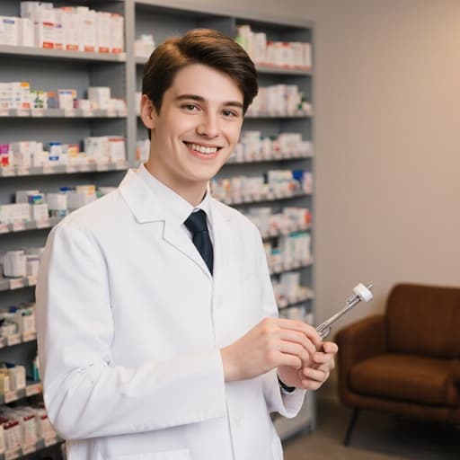 의사 가운을 입은 유럽계 남성이 약국의 조제대에 앉아 약품 조제 도구를 들고 자연스럽게 미소 지으며 친근한 분위기를 연출하고 있습니다. 약품으로 가득한 선반이 배경에 있어 따뜻하고 초대하는 느낌을 줍니다.