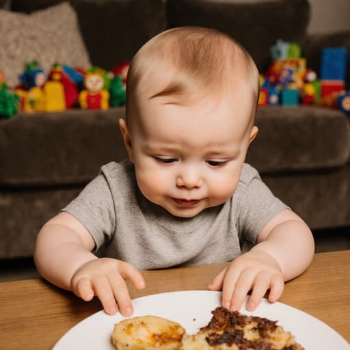 아늑한 거실의 테이블에 앉아 있는 귀여운 1살 유럽계 남성의 반신 샷. 편안한 티셔츠와 바지를 입고 있으며, 테이블 위의 음식을 바라보며 지루한 표정을 지으며 손을 뻗고 있습니다. 장난감과 소파가 있는 아늑한 배경이 따뜻하고 친근한 분위기를 만들어냅니다.