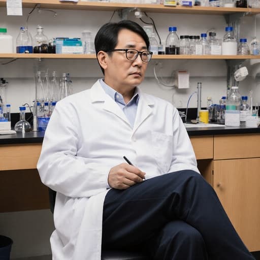 40대 동양인 남성이 실험복과 안경을 착용하고 깔끔한 실험실에 앉아 피곤한 표정으로 자신의 작업에 집중하고 있으며, 손에는 실험 도구를 들고 있습니다. 배경에는 다양한 실험 기구가 배치되어 있어 연구와 헌신의 분위기를 만들어냅니다.