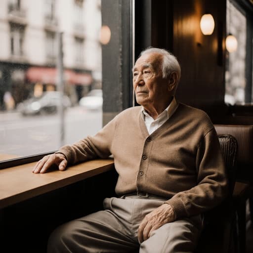 아늑한 카페에 앉아 있는 80대 혼혈 남성의 반신 샷. 편안한 카디건과 바지를 입고 있는 그는 테이블에 손을 올려 놓고 외로운 표정으로 창 밖을 바라보며 사색에 잠긴 모습입니다. 따뜻한 카페 환경이 장면의 고요한 분위기를 더욱 강조합니다.