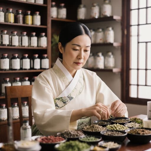50대 아시아계 여성이 전통 한복을 입고, 차분한 표정으로 앉아 한약재를 정리하는 모습의 반신 촬영입니다. 배경은 한의원의 내부로, 약초와 한약재가 진열된 선반이 보입니다. 따뜻하고 아늑한 분위기는 장소의 문화적 의미를 강조하며, 모델의 의상과 환경이 조화를 이루고 있습니다.