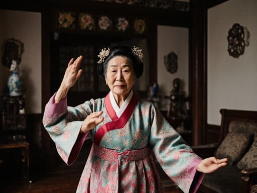 70대 동양인 여성의 반신 촬영으로, 자연스러운 외모를 지닌 전통 한복을 입고 있습니다. 그녀는 손을 흔들며 춤추는 자세를 취하고 있지만, 표정은 지루하고 무표정합니다. 배경은 고풍스러운 가구와 장식으로 꾸며진 전통적인 한국식 거실입니다. 전체적인 장면은 그녀의 생기 넘치는 동작과 무관심한 표정의 대비를 포착하여, 아름답게 배열된 공간 내에서 독특한 이야기를 만들어냅니다.