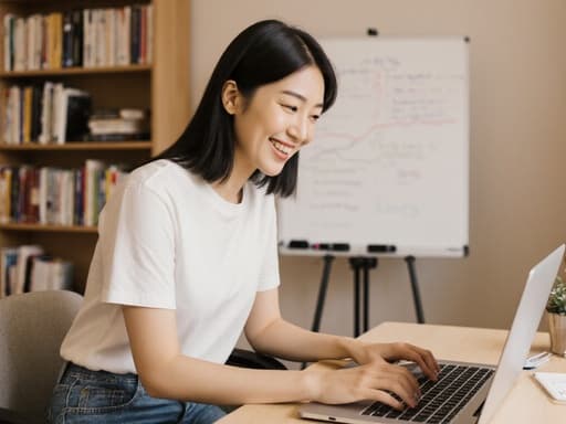 30대 한국인 여성이 아늑한 공부방의 책상에 앉아 편안한 티셔츠와 청바지를 입고 있는 모습. 행복한 미소를 지으며 노트북에 집중하고 있으며, 배경에는 책장과 화이트보드가 있어서 아늑한 분위기를 연출하고 있습니다.
