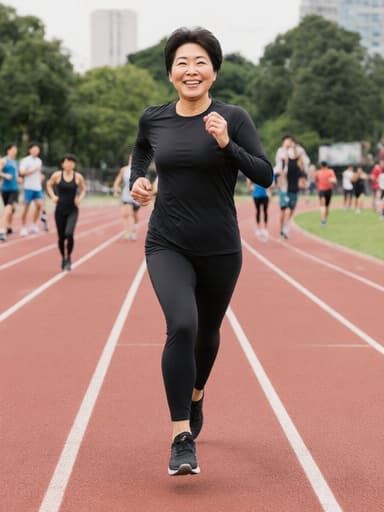 이 이미지는 스타일리시한 운동복과 러닝화를 착용한 50대 한국인 여성이 훈련 트랙에서 달리는 모습이 담겨 있습니다. 그녀의 자연스러운 미소는 긍정적인 에너지를 발산하며, 주변의 다른 운동선수들과 함께 훈련 분위기를 더해줍니다.