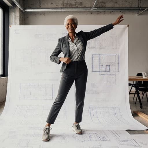 60대 흑인 여성이 편안한 작업복과 운동화 차림으로 스트레칭을 하며 활기차고 긍정적인 표정을 짓고 있는 모습의 반신 사진, 배경은 현대적인 프로젝트룸에서 진행 중인 건설 프로젝트입니다.