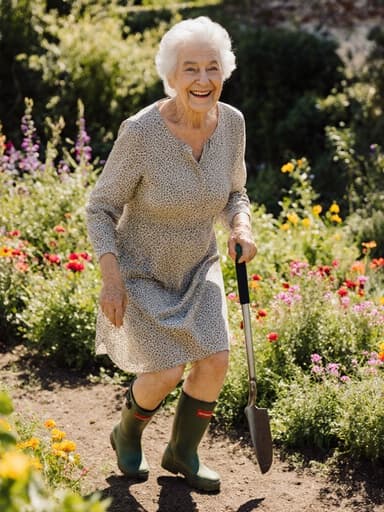 은발의 부드러운 얼굴을 가진 80대 유럽계 여성이 편안한 원피스와 정원 가꾸기에 적합한 장화를 착용하고, 정원 도구를 들고 점프하는 모습이 담긴 전체 신체 사진. 햇살이 잘 드는 정원에 다양한 꽃과 식물이 가득 차 있어 기분이 좋고 활기찬 분위기를 연출하고 있습니다.