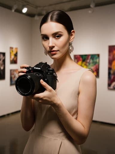 20대의 자신감 넘치는 백인 여성의 반신 촬영이 이루어졌습니다. 그녀는 자연스러운 아름다움과 우아함을 보여주며, 세련된 드레스를 입고 트렌디한 액세서리로 스타일을 강조하고 있습니다. 우아한 표정을 지으며 사진을 편집하는 모습에서 카메라를 들고 있습니다. 갤러리에는 다양한 예술 작품이 전시되어 있어 생동감 넘치는 배경이 구성되어 있으며, 부드럽고 따뜻한 조명이 그녀의 특징과 예술적 배경을 모두 잘 비추고 있습니다.