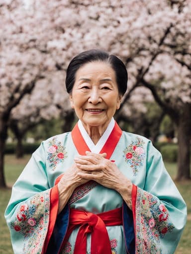 80대 동양인 여성이 화려한 전통 한복을 입고, 만개한 공원에서 우아하게 서 있으며, 따뜻하고 고마운 표정을 짓고 있는 모습입니다.