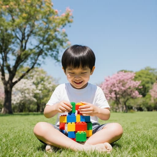 활발한 표정을 지닌 3세 한국인 남아가 푸른 잔디가 깔린 공원에서 크로스 레그로 앉아 색색의 레고 블록을 조립하고 있습니다. 편안한 티셔츠와 반바지를 입고 있으며, 그의 밝고 건강한 외모가 돋보입니다. 배경에는 나무와 꽃들이 있어 생기 넘치고 매력적인 분위기를 연출하고 있습니다.