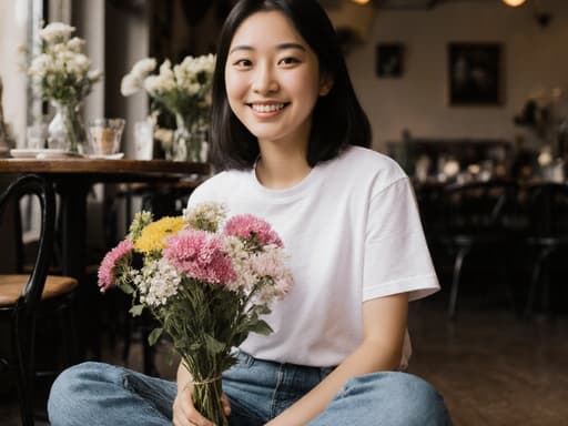 10대 초반의 아시아계 소녀가 아늑한 카페 바닥에 앉아 자연스러운 외모로 편안한 티셔츠와 청바지를 입고 긍정적인 미소를 지으며 꽃다발을 들고 있습니다. 카페 내부는 다양한 꽃 장식으로 따뜻하고 초대하는 분위기를 자아냅니다.