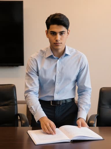 10대 초반의 라틴계 남성이 스마트 캐주얼 복장을 입고 현대적인 회의 테이블에 앉아 문서를 검토하며 자신감 있게 보이는 모습. 법률 상담을 위한 현대적인 회의실에서 따뜻한 조명이 비추는 아늑한 분위기를 연출합니다.