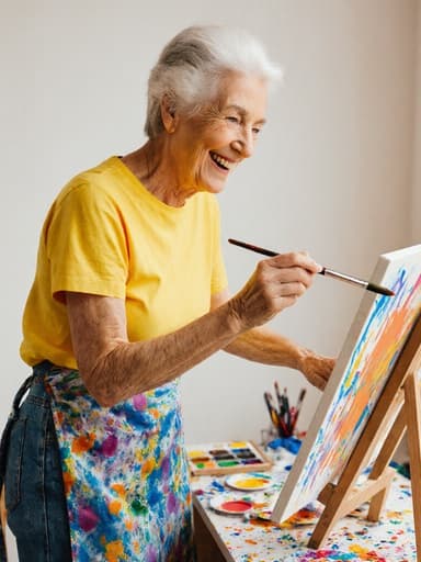 자연스러운 외모를 가진 60대 유럽계 여성의 전신 사진으로, 밝은 색상의 편안한 티셔츠와 청바지를 입고 팔에 에이프런을 착용하고 있다. 그녀는 서서 붓을 들고 캔버스를 바라보며 활기찬 미소로 즐거운 감정을 표현하고 있다. 배경은 다양한 색의 페인트와 그림 도구가 어지럽게 놓여 있는 아늑한 스튜디오로, 그녀의 예술적인 노력에 영감을 주는 공간을 형성하고 있다.