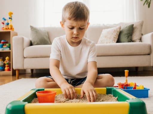 7세 백인 남성이 귀여운 외모를 가진 반신 촬영 모습으로, 편안한 티셔츠와 반바지를 입고 있습니다. 그는 밝고 아늑한 거실에 앉아 있으며, 약간 짜증난 듯한 표정을 지으며 모래놀이 세트를 가지고 놀고 있습니다. 그의 손은 모래를 만지고 있으며, 주변에는 다양한 장난감이 있어 유쾌한 분위기를 더하고 있습니다.